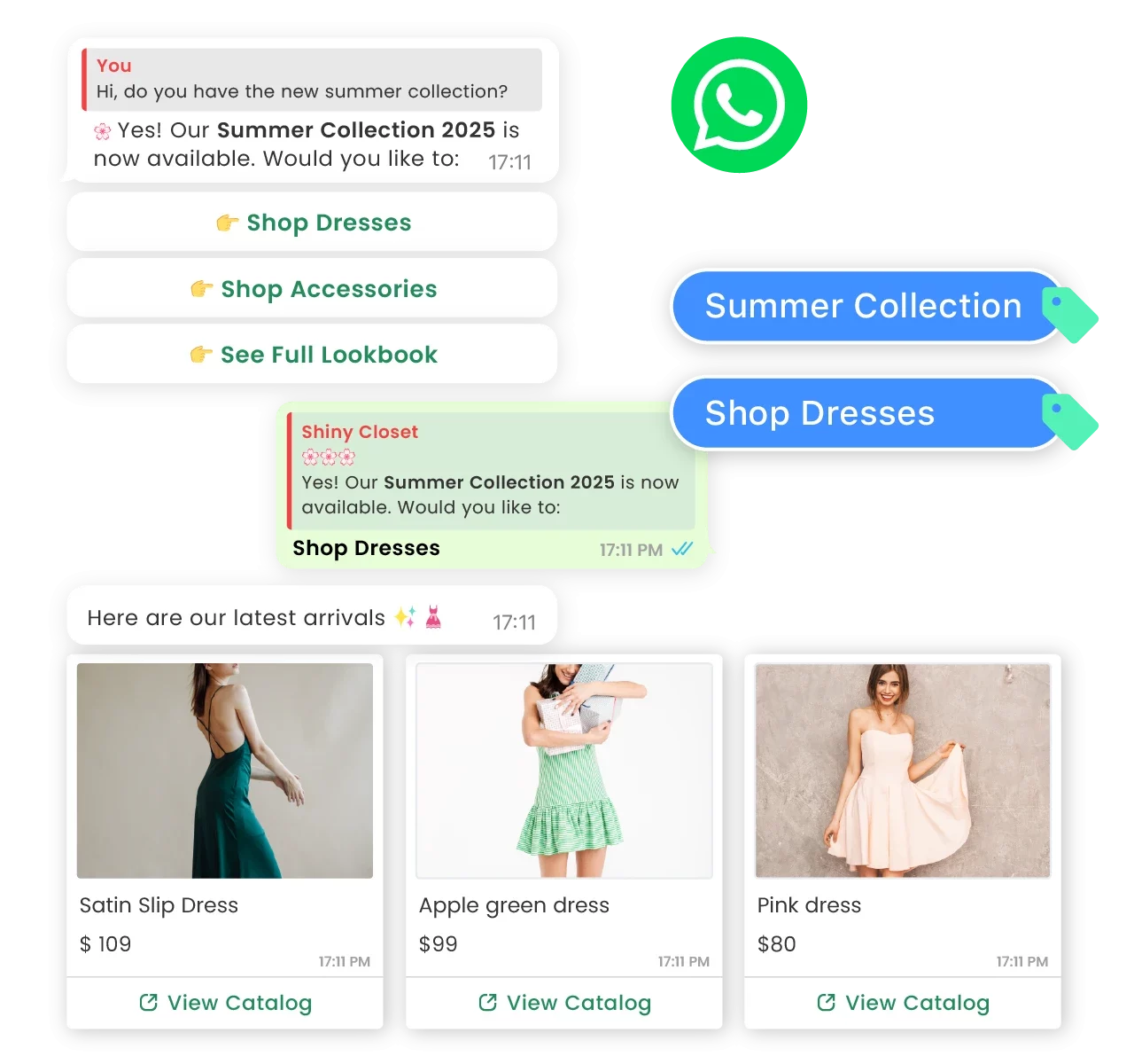 WhatsApp chatbot showing keyword auto-reply with product recommendations and auto-assign to team