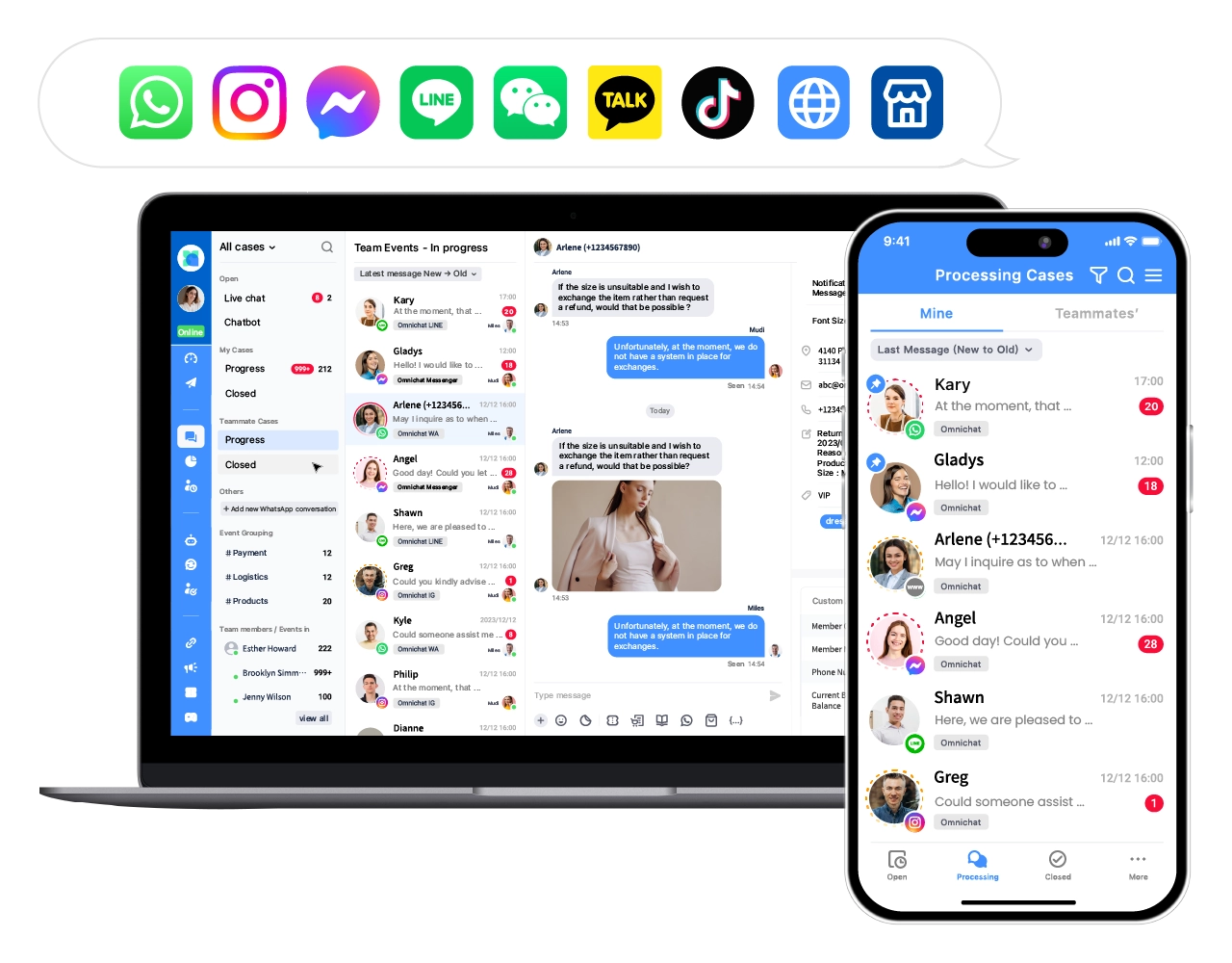 Improve customer service efficiency with the centralised management of messages from App, website, WhatsApp, Facebook, Instagram, LINE and WeChat.
