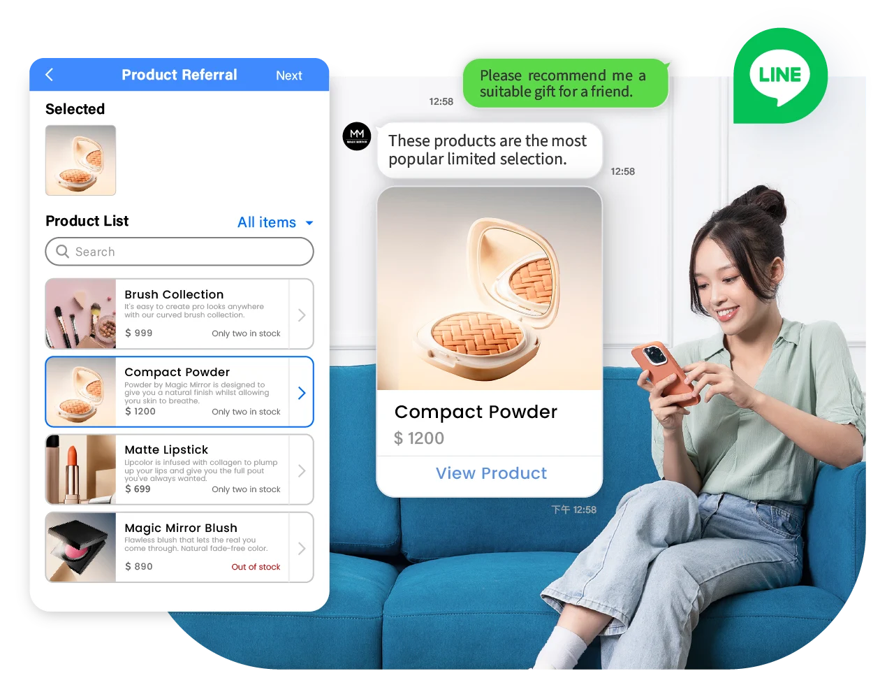 By importing the product catalog in LINE, sales can quickly select and recommend products to customers
