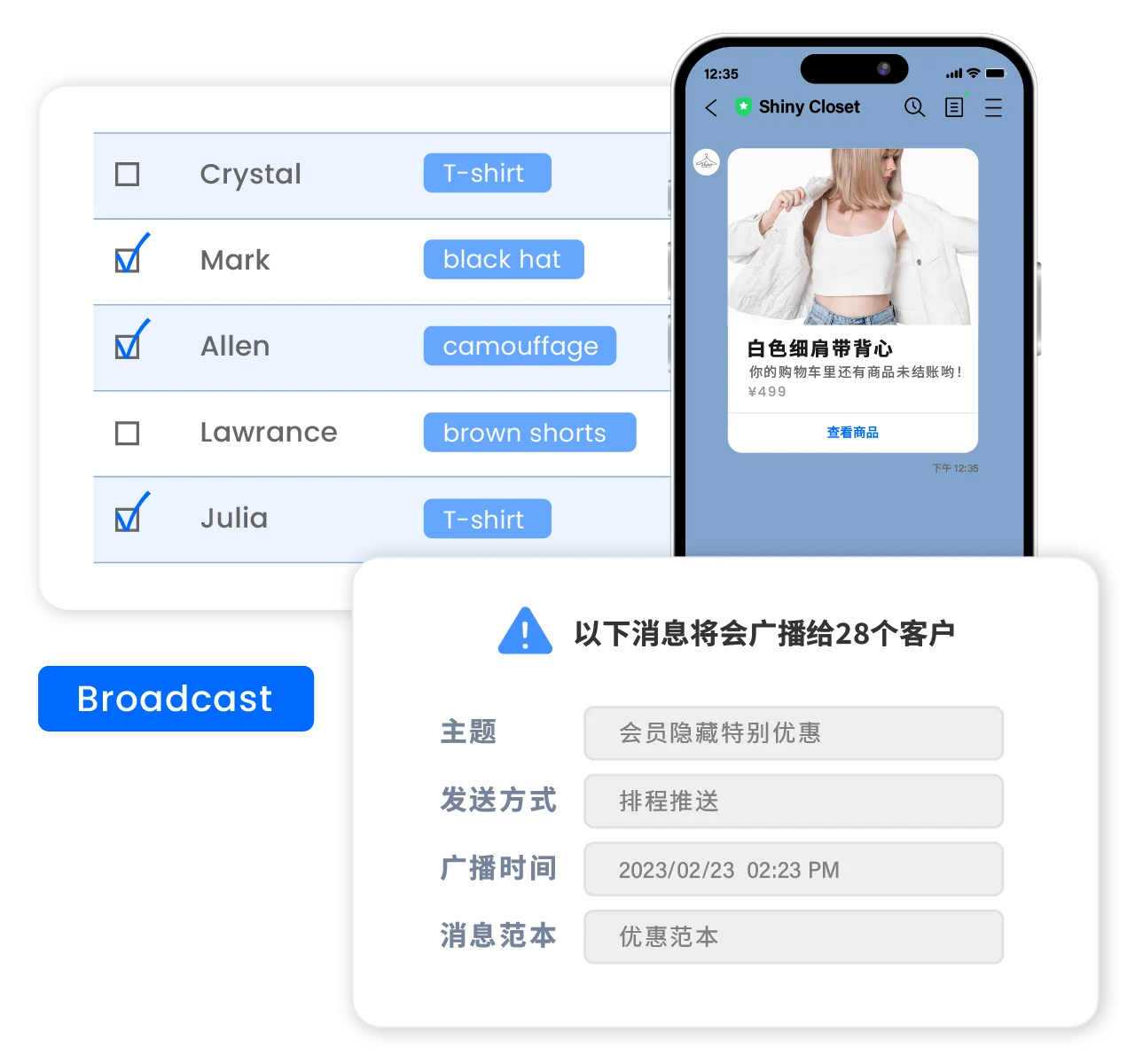 透过 LINE 一次大量传送广播讯息，结合精准的筛选机制，在短时间内触达目标受众。