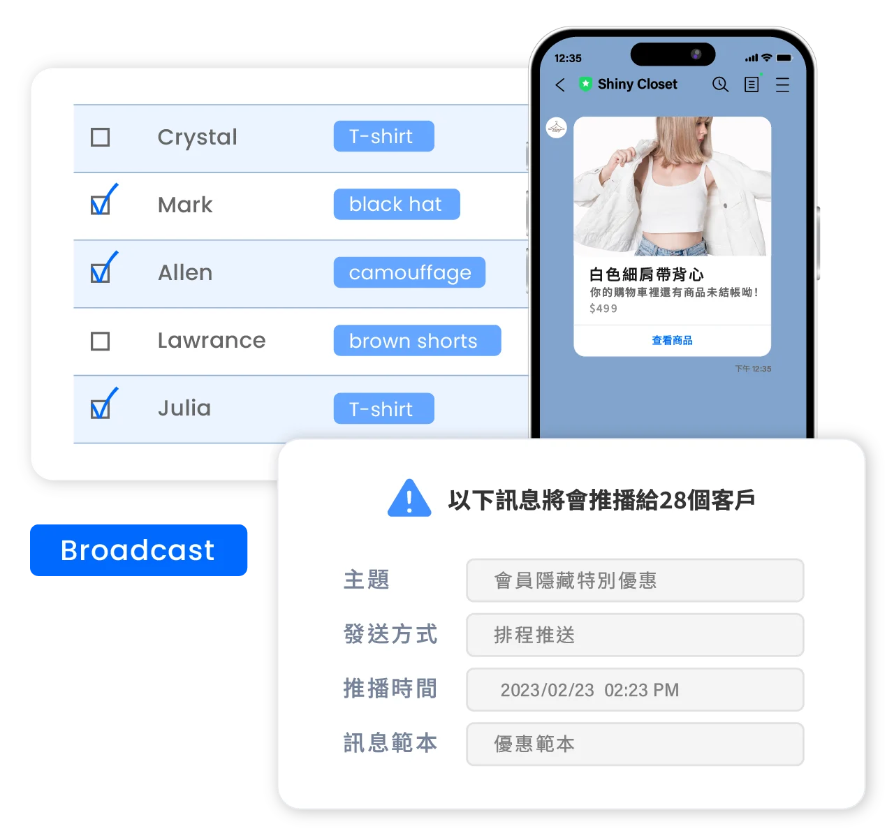 透過 LINE 一次大量傳送廣播訊息，結合精準的篩選機制，在短時間內觸達目標受眾。