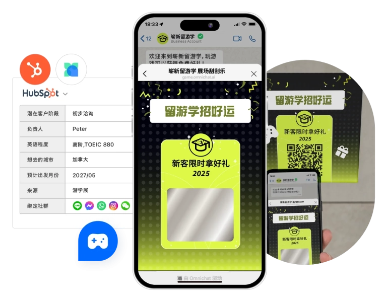 让 WhatsApp、LINE 成为收集销售线索的前沿阵地。所有新增联系人都会自动成为 HubSpot Contact。