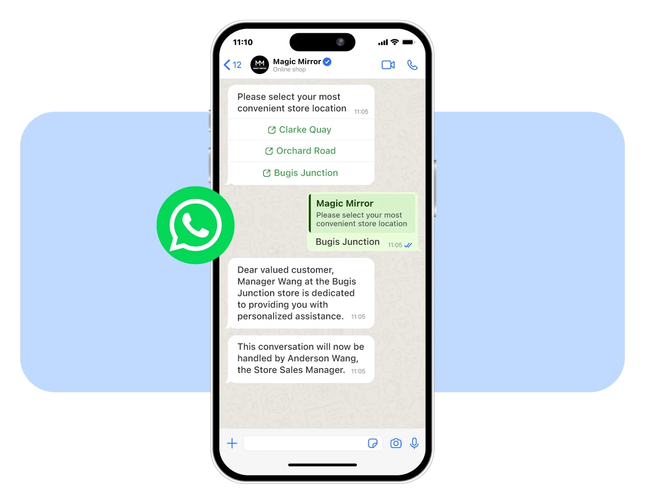 Customers bind to the store via WhatsApp, and the salespeople of the store are automatically assigned to follow up conversations.