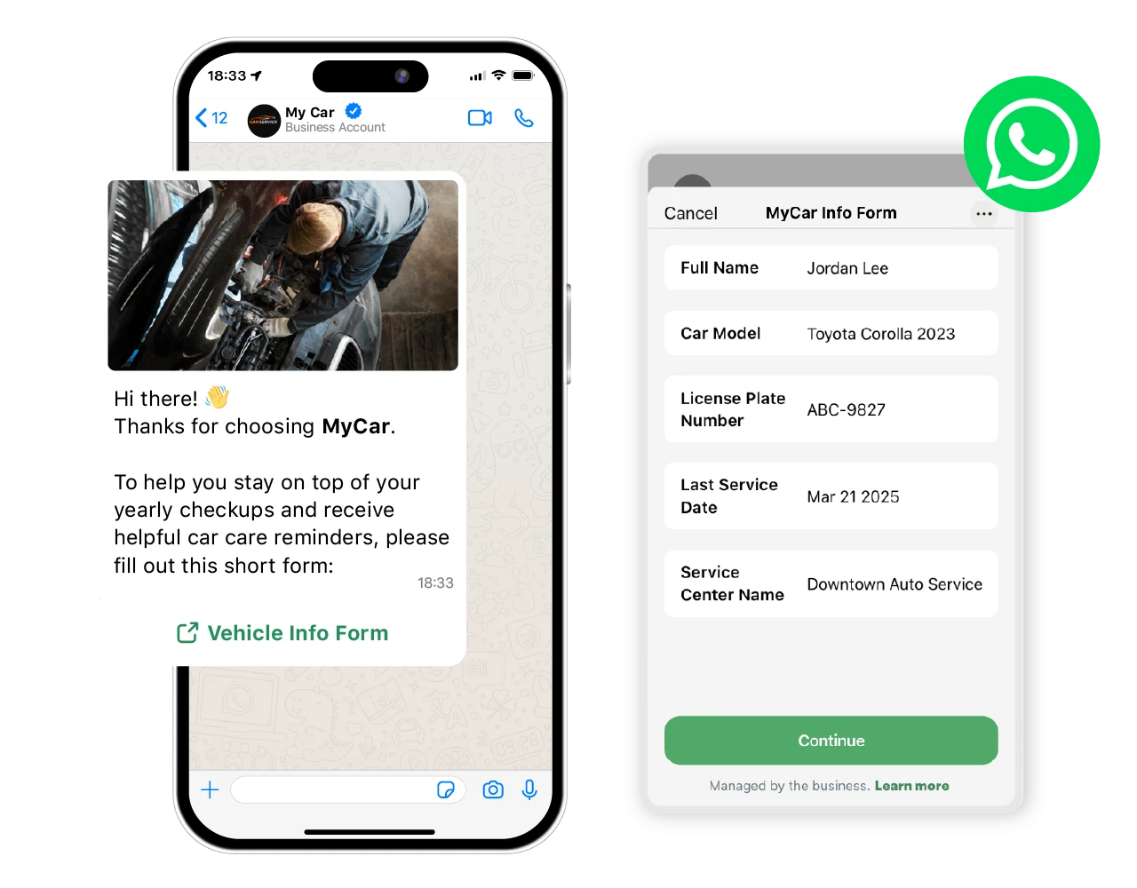 WhatsApp chatbot with interactive form card for surveys, feedback, and bookings, saving data to database