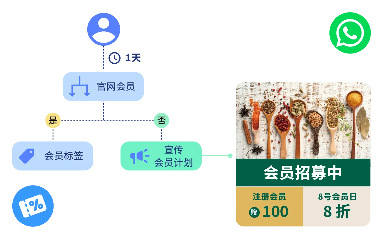 通过新会员专享福利，鼓励 WhatsApp 联系人成为官网会员，并完成首次购买