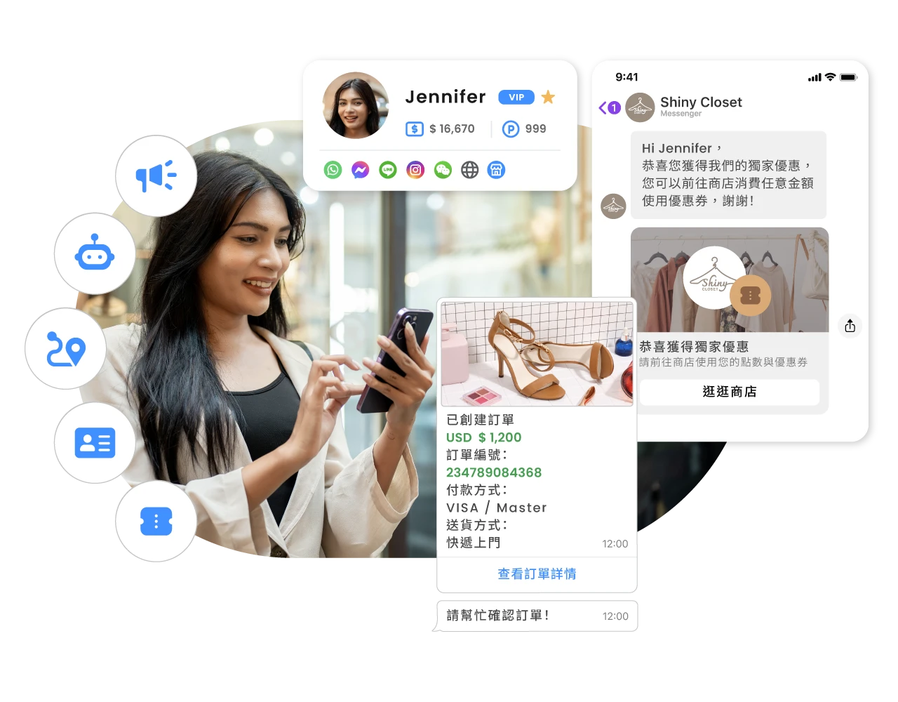 可以將顧客的會員資料、點數資料，插入在推播訊息、顧客旅程訊息中，打造個人化體驗。