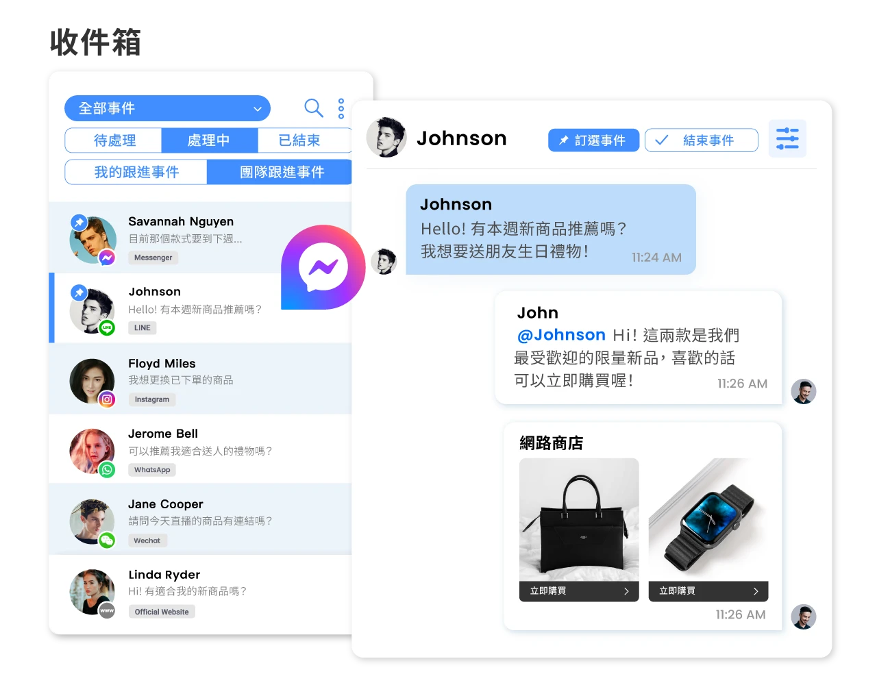 整合跨渠道訊息，並區分事件處理狀態，搭配指派成員、跟進事件功能，方便團隊協作處理。